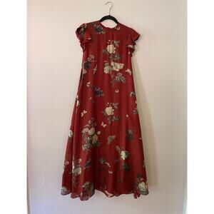 NWOT Biyan Red Rose Print 100% Silk Maxi Dress Romantic Flowy Women's size Small
